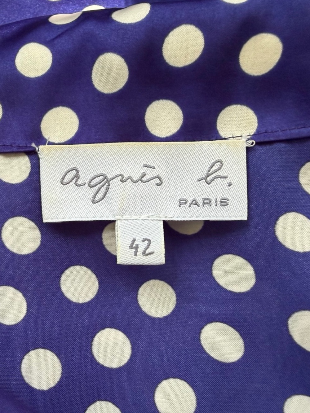 Agnes B. Blue & White Polka Dot Silk Dress, Size 42/US 10, Button Down, Sash - Picture 7 of 8
